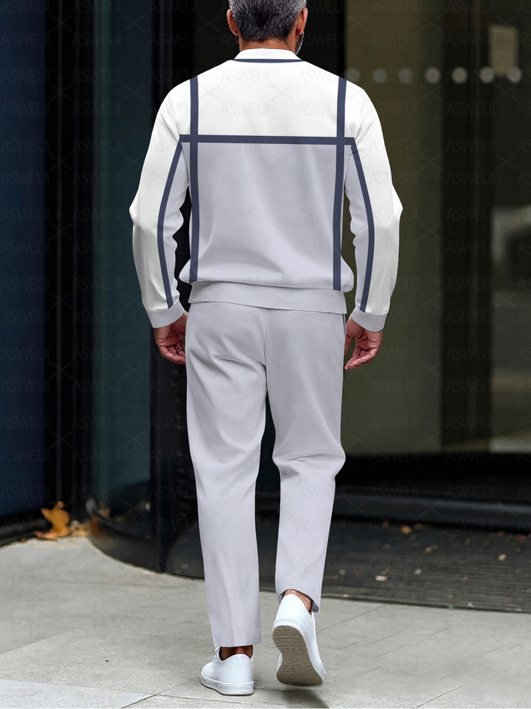 Men's fashion casual geometric print long sleeve zipper two-piece set