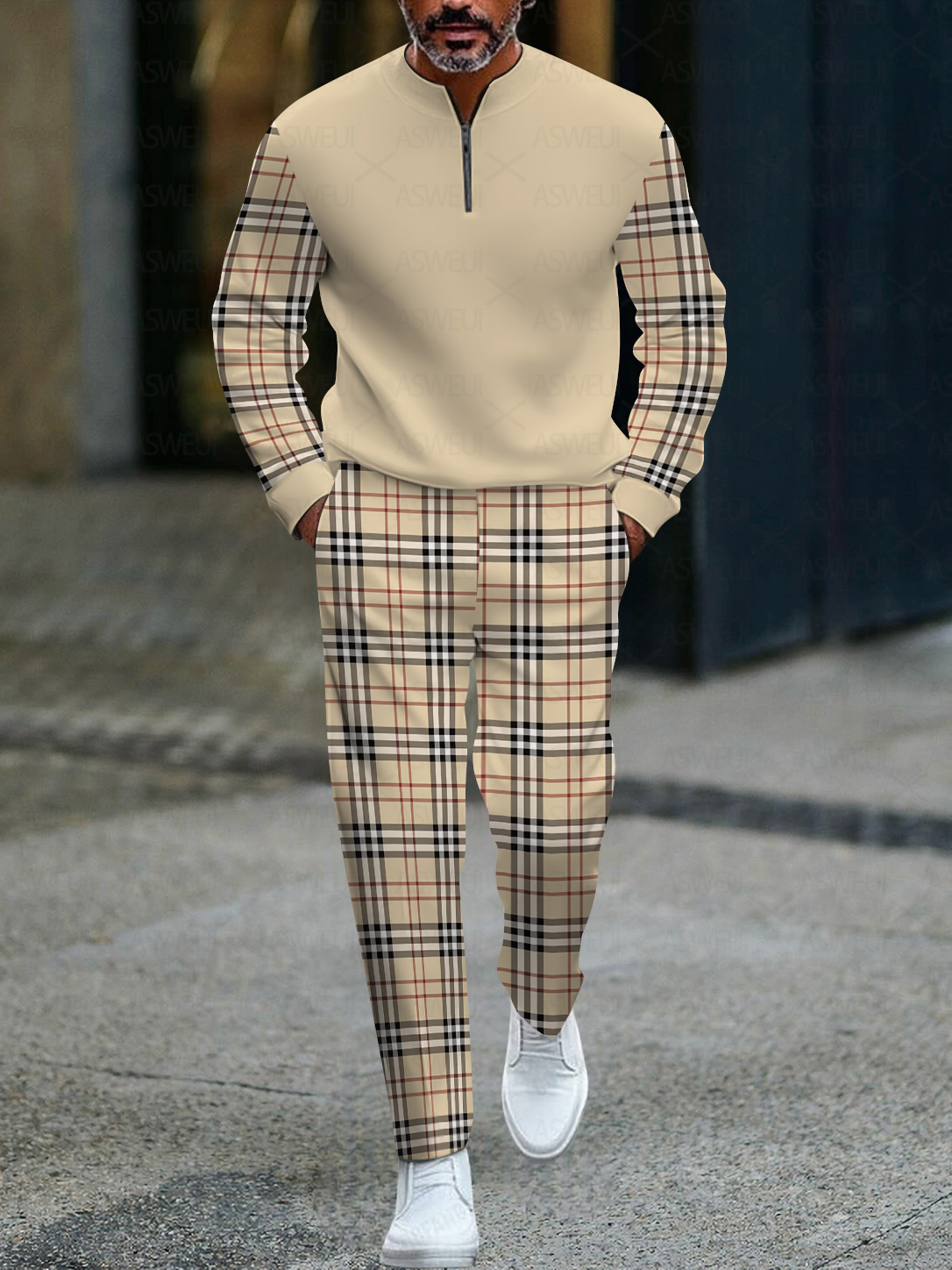 Men's fashionable casual business color-block round-neck zipper long-sleeve two-piece set