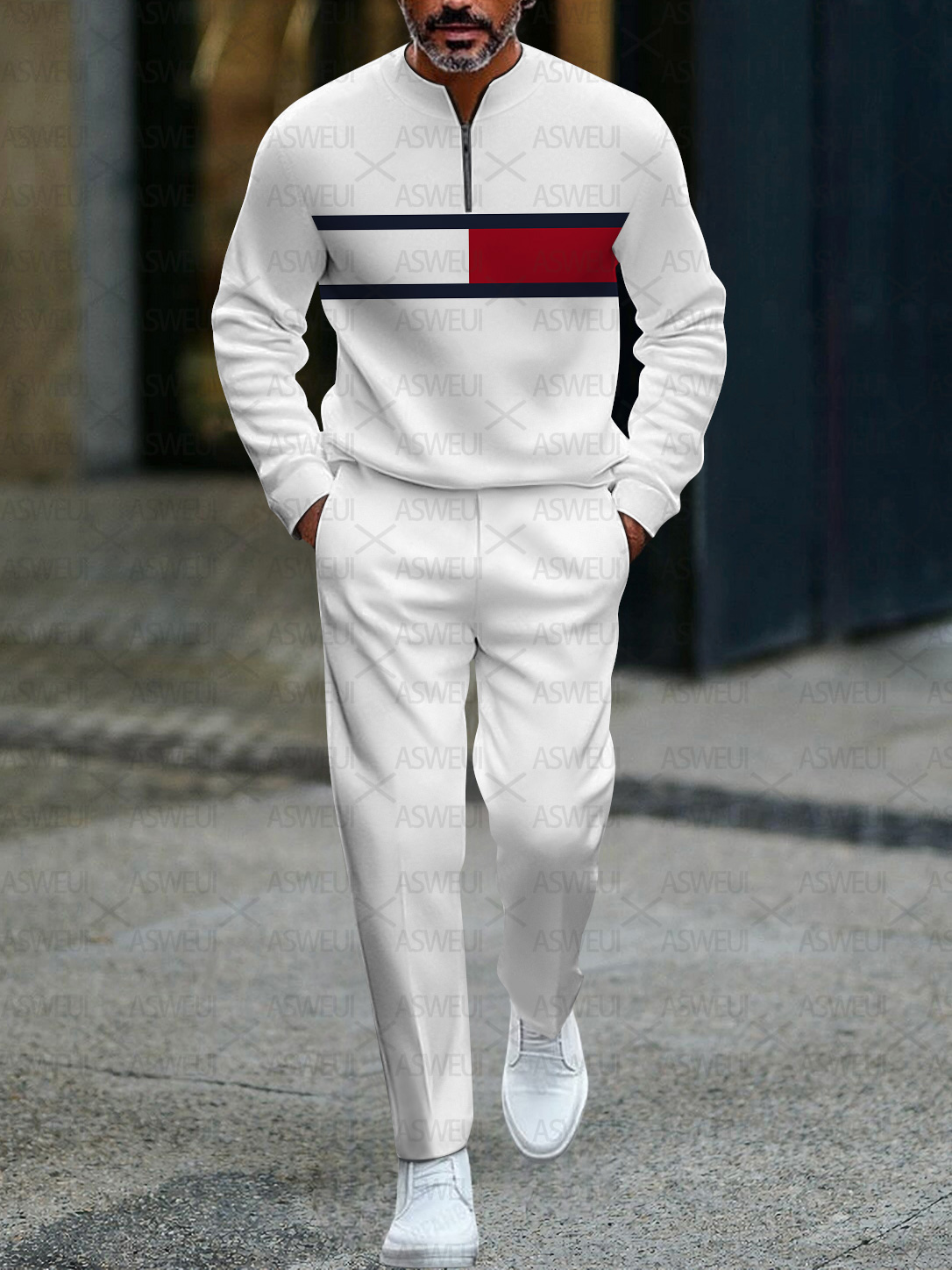 Men's fashionable casual business color-block round-neck zipper long-sleeve two-piece set