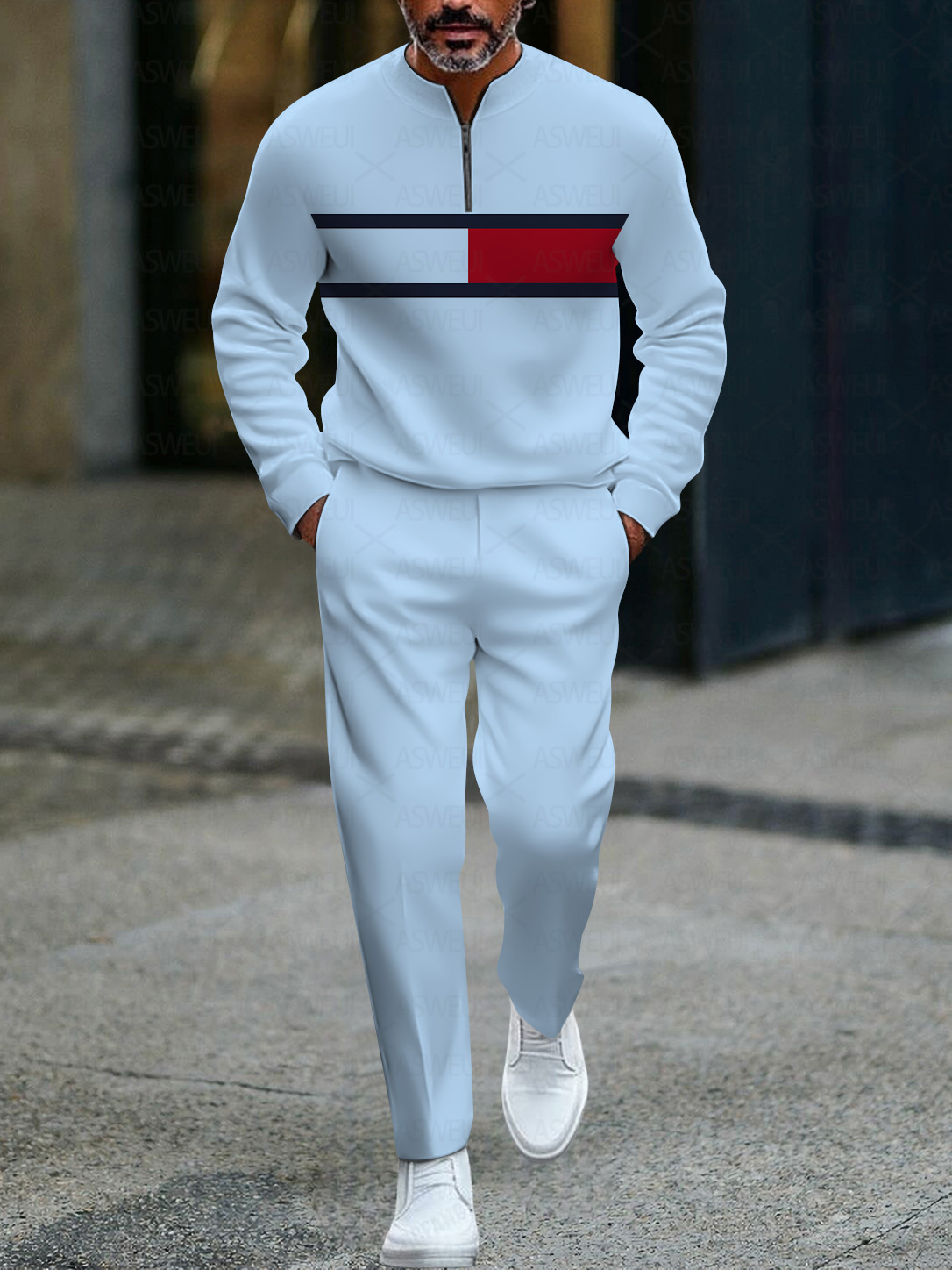 Men's fashionable casual business color-block round-neck zipper long-sleeve two-piece set