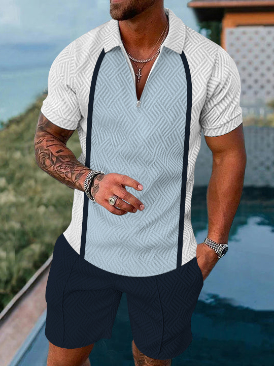 Men's fashion casual color matching geometric print short sleeved polo