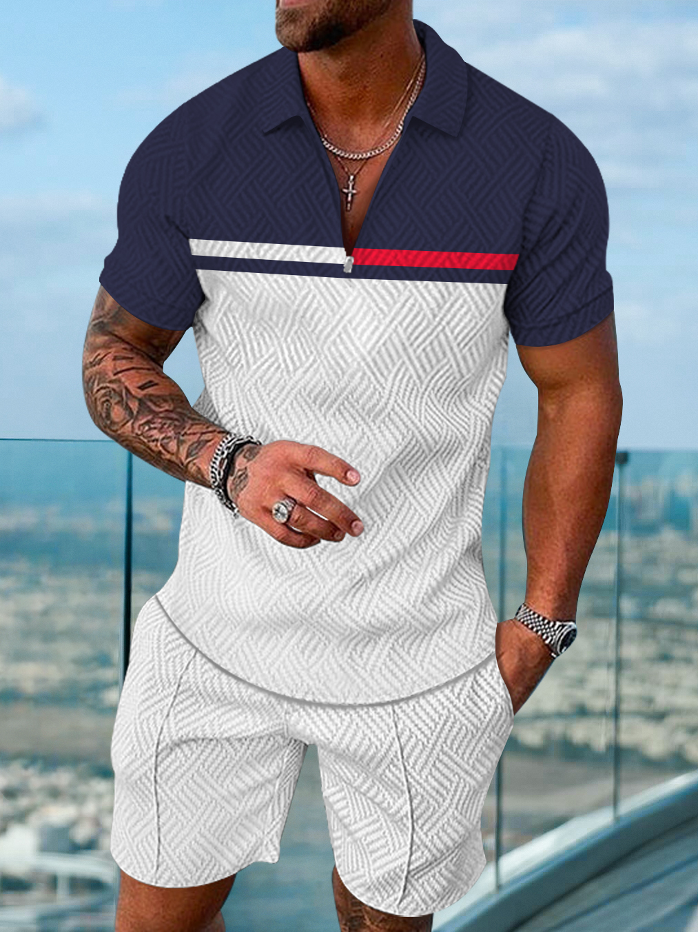 Men's fashion casual color matching printed polo two-piece set