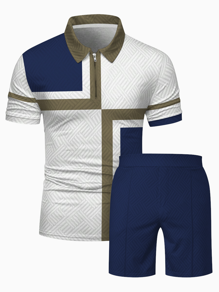 Men's fashion casual color matching printed polo two-piece set
