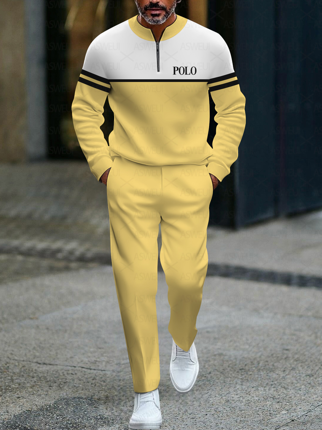 Men's fashionable casual business color-block round-neck zipper long-sleeve two-piece set