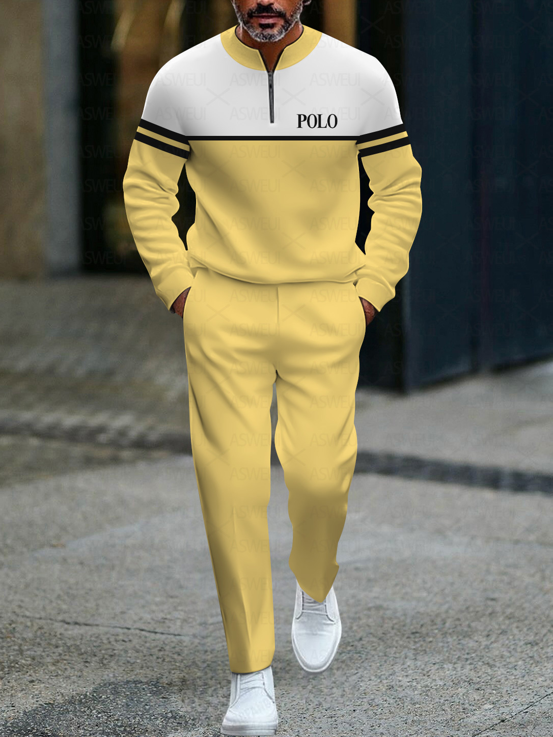 Men's fashionable casual business color-block round-neck zipper long-sleeve two-piece set