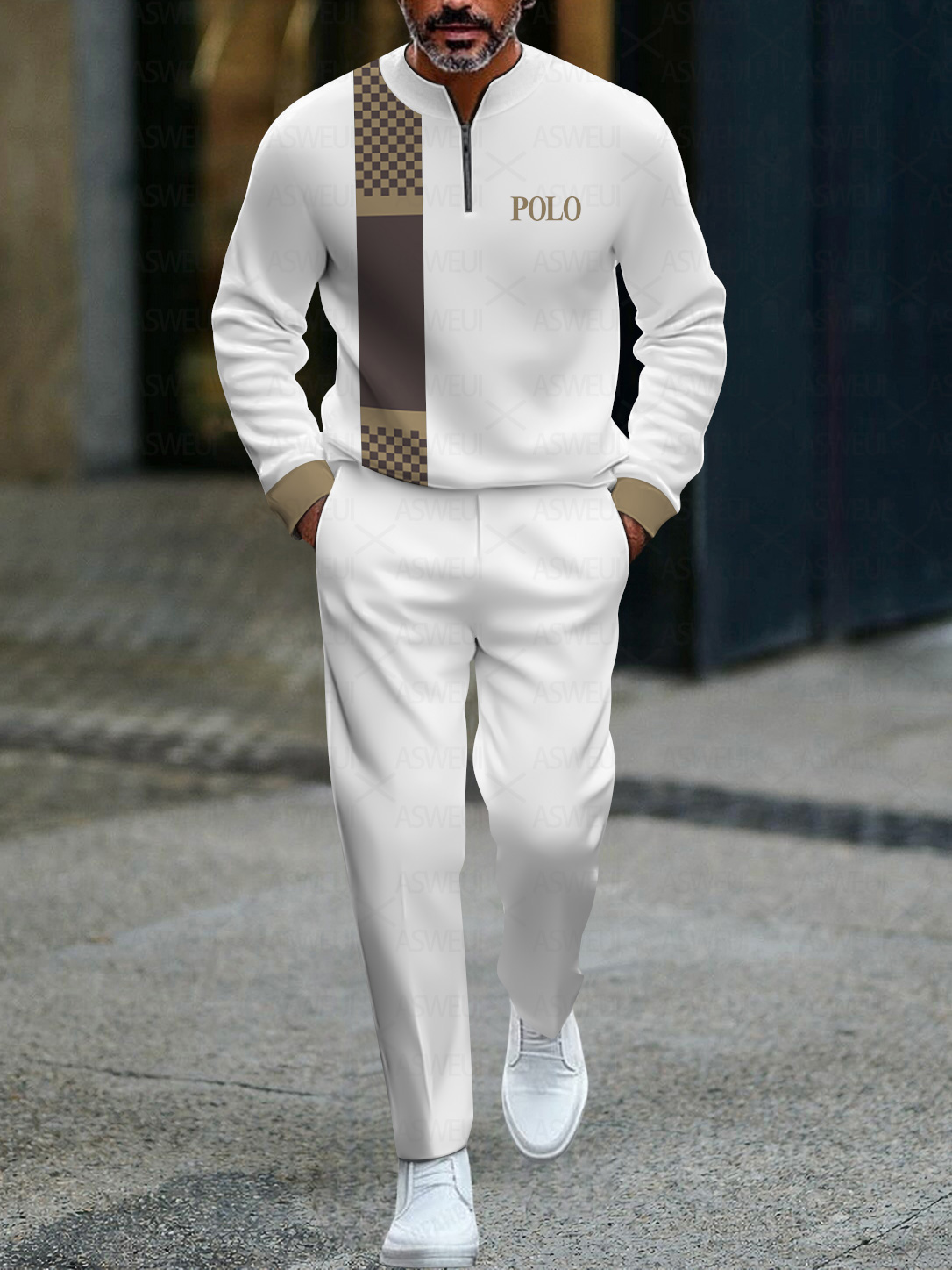 Men's fashionable casual business color-block round-neck zipper long-sleeve two-piece set