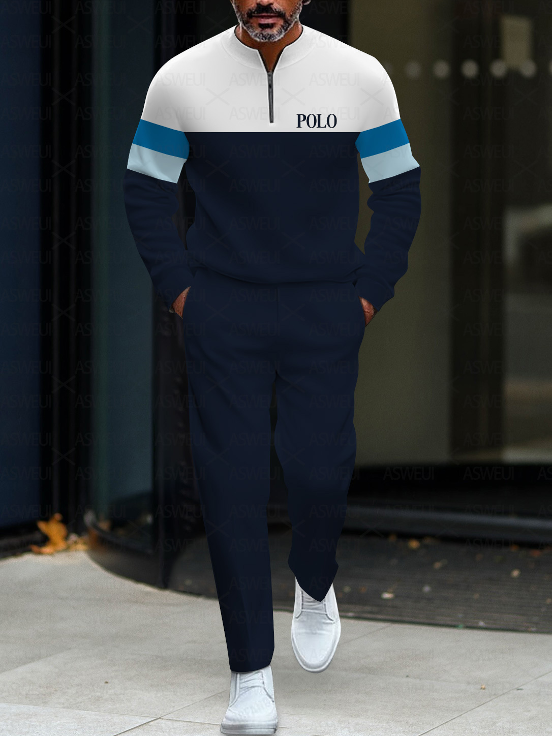 Men's fashion casual geometric print long sleeve zipper two-piece set