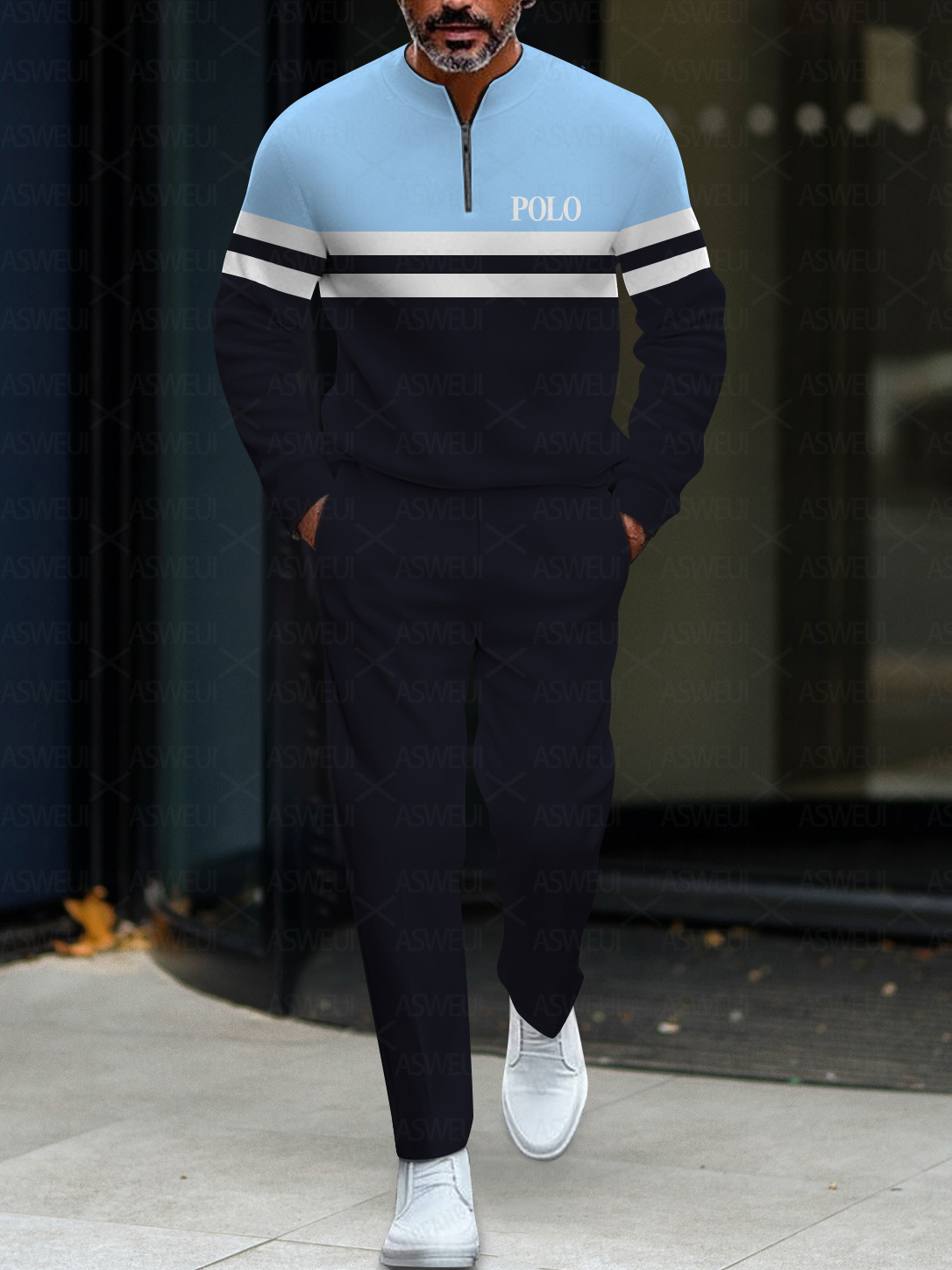 Men's fashion casual geometric print long sleeve zipper two-piece set