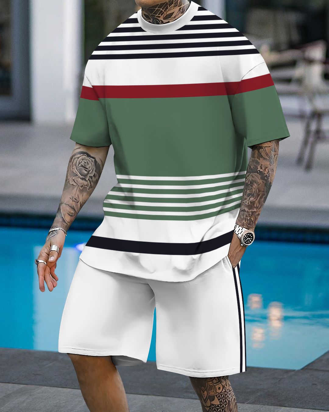 Men's fashion casual color matching printed short-sleeved two-piece se