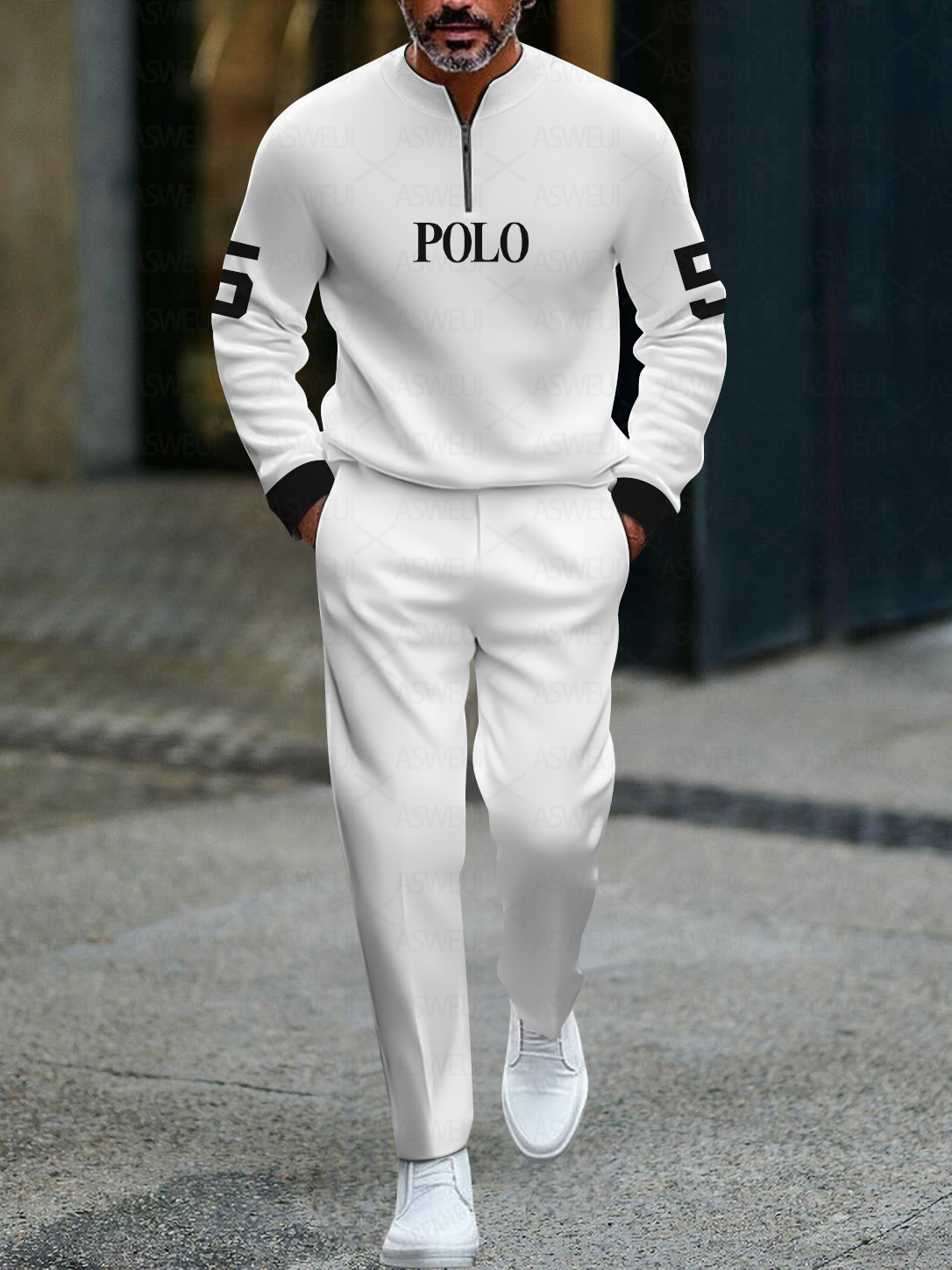 Men's fashionable casual business color-block round-neck zipper long-sleeve two-piece set