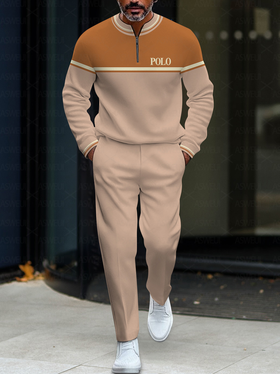 Men's fashion casual geometric print long sleeve zipper two-piece set