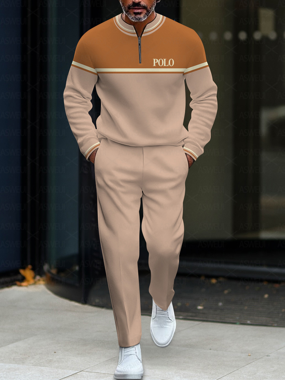 Men's fashion casual geometric print long sleeve zipper two-piece set