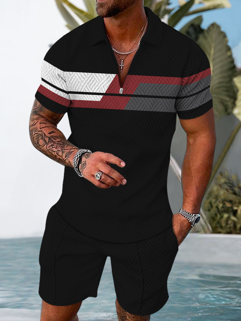 Men's fashion casual geometric print short sleeve polo two-piece set