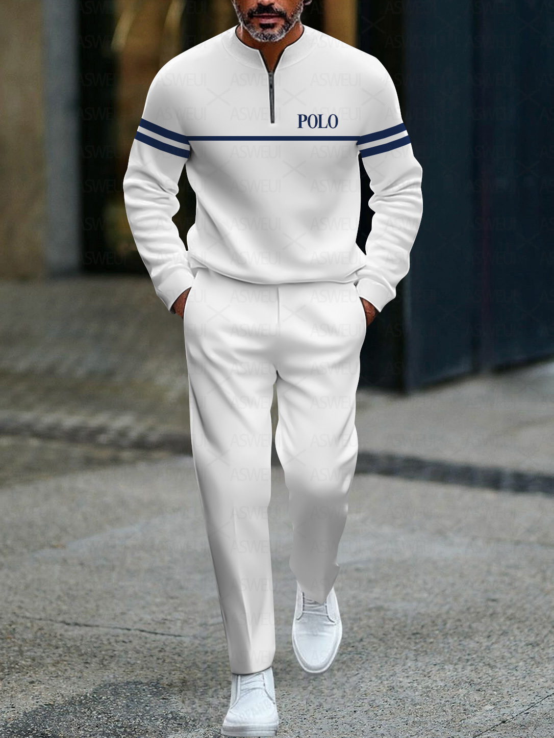 Men's fashionable casual business color-block round-neck zipper long-sleeve two-piece set