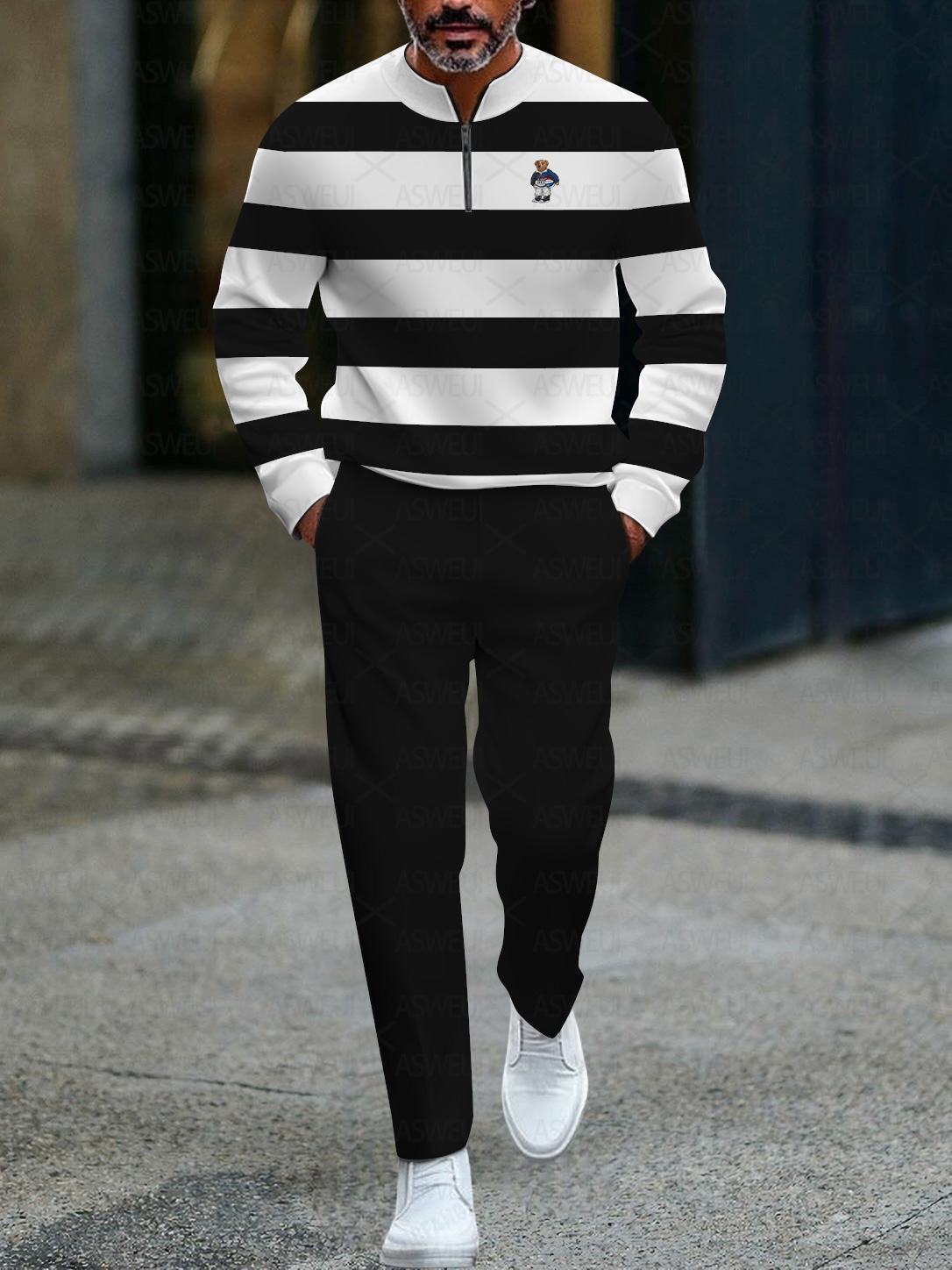 Men's fashionable casual business color-block round-neck zipper long-sleeve two-piece set