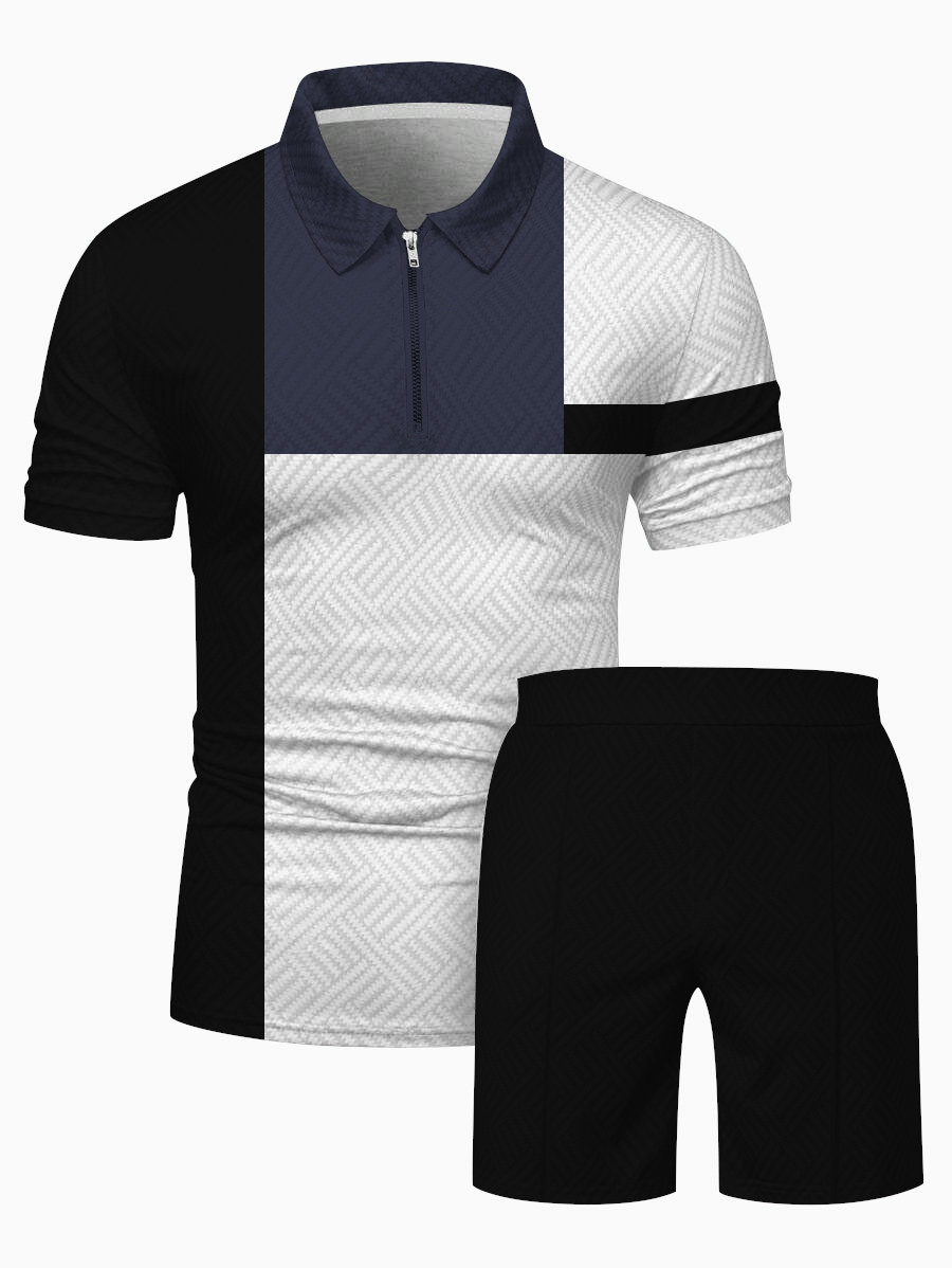 Men's fashion casual color matching printed polo two-piece set