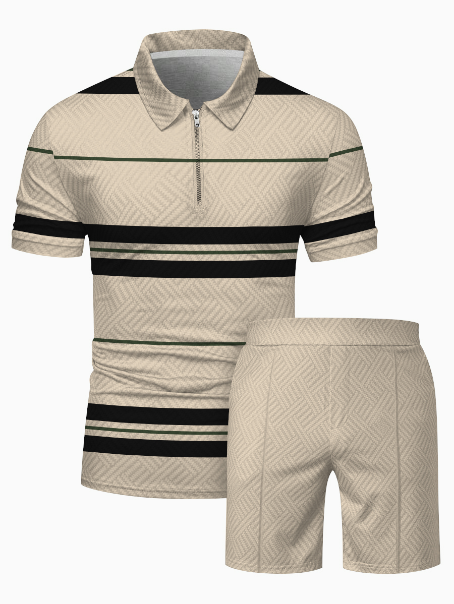 Men's fashion casual color matching printed polo two-piece set