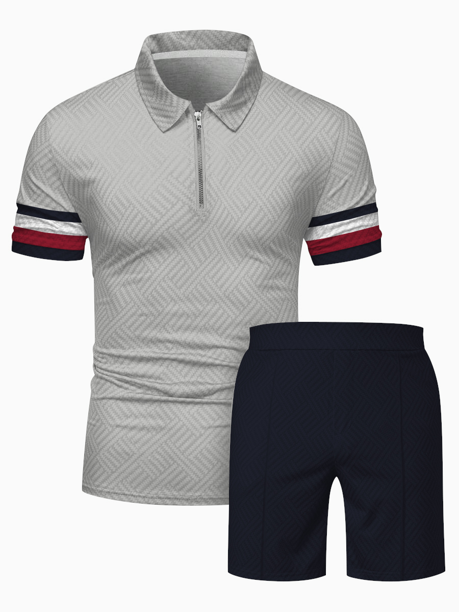 Men's fashion casual color matching printed polo two-piece set