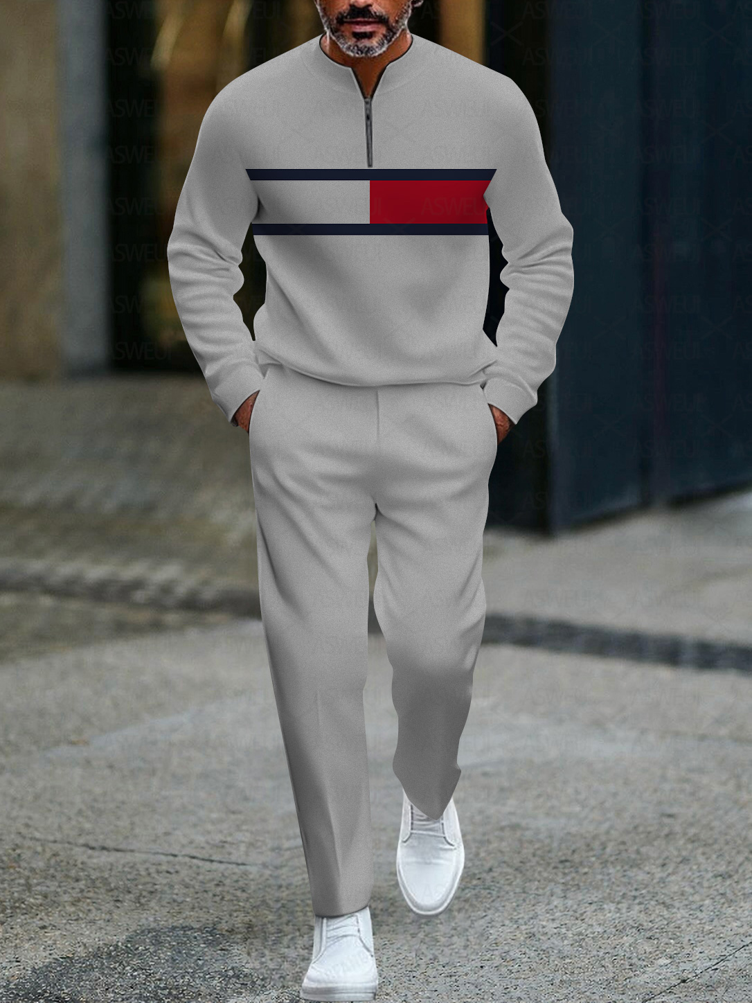 Men's fashionable casual business color-block round-neck zipper long-sleeve two-piece set