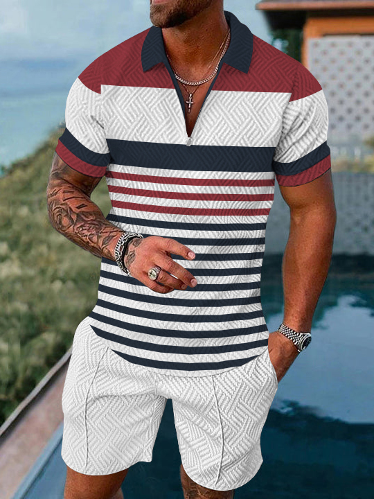 Men's fashion casual geometric print short sleeve polo two-piece set