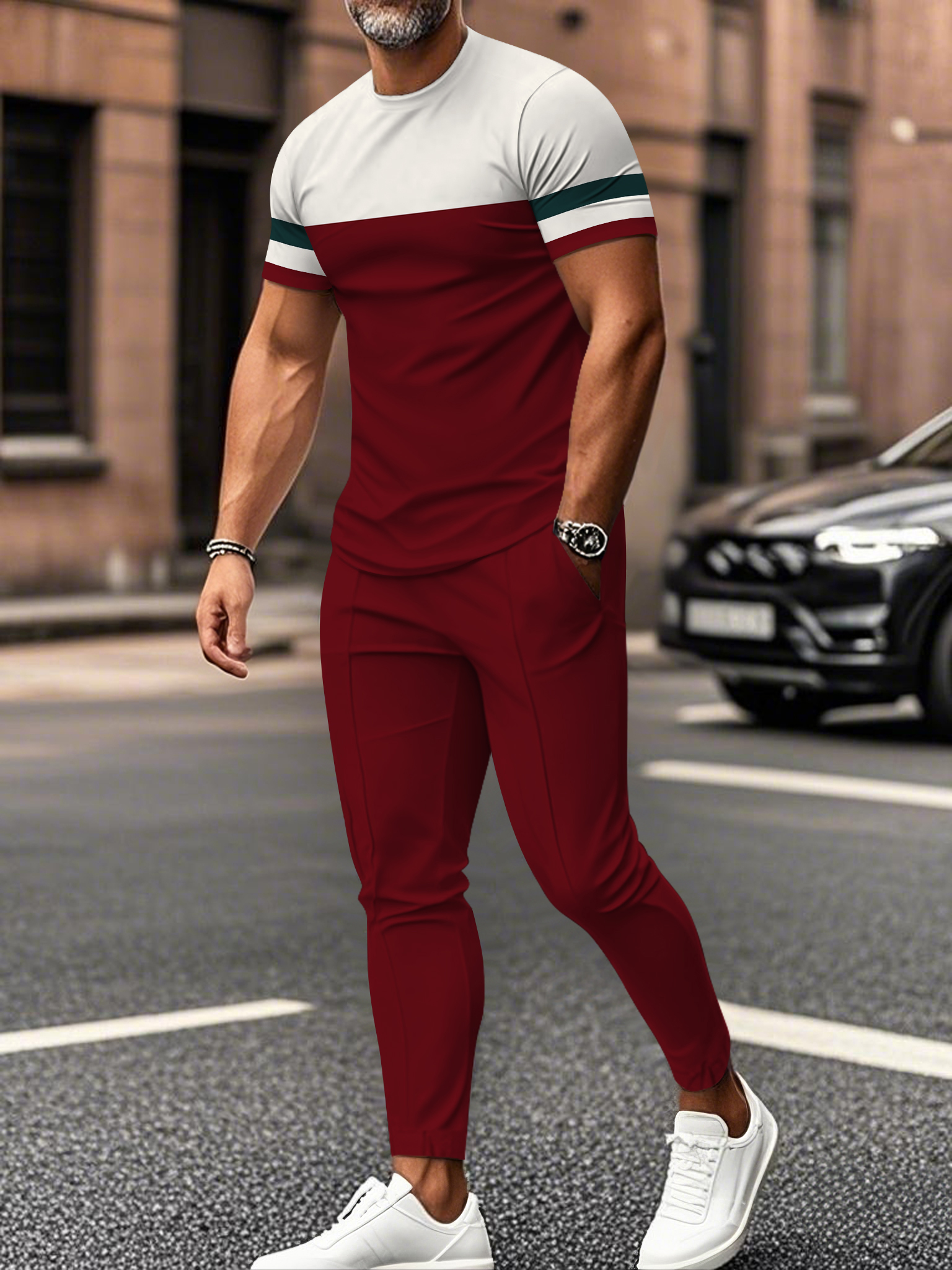 Men's fashion casual color matching striped printed short sleeved trousers two-piece set