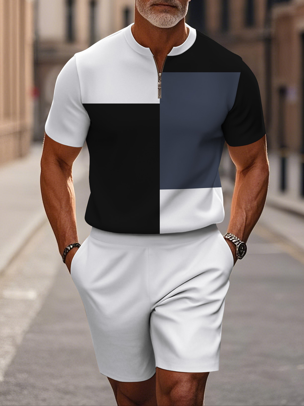 Men's fashion casual round-neck zipper geometric printed short-sleeved two-piece set