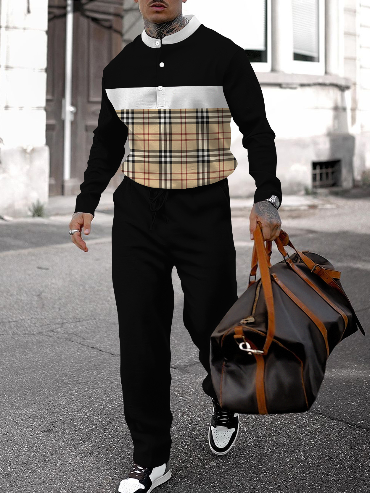 Men's fashion casual geometric print long sleeve two-piece set