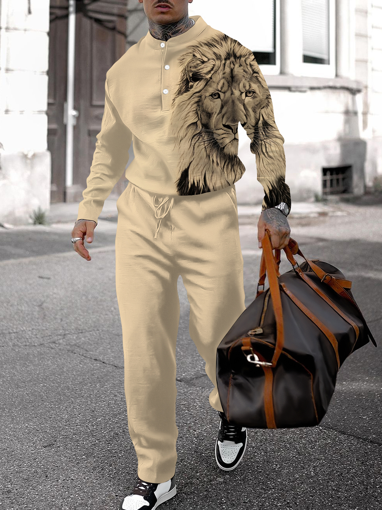 Men's fashion casual geometric print long sleeve two-piece set