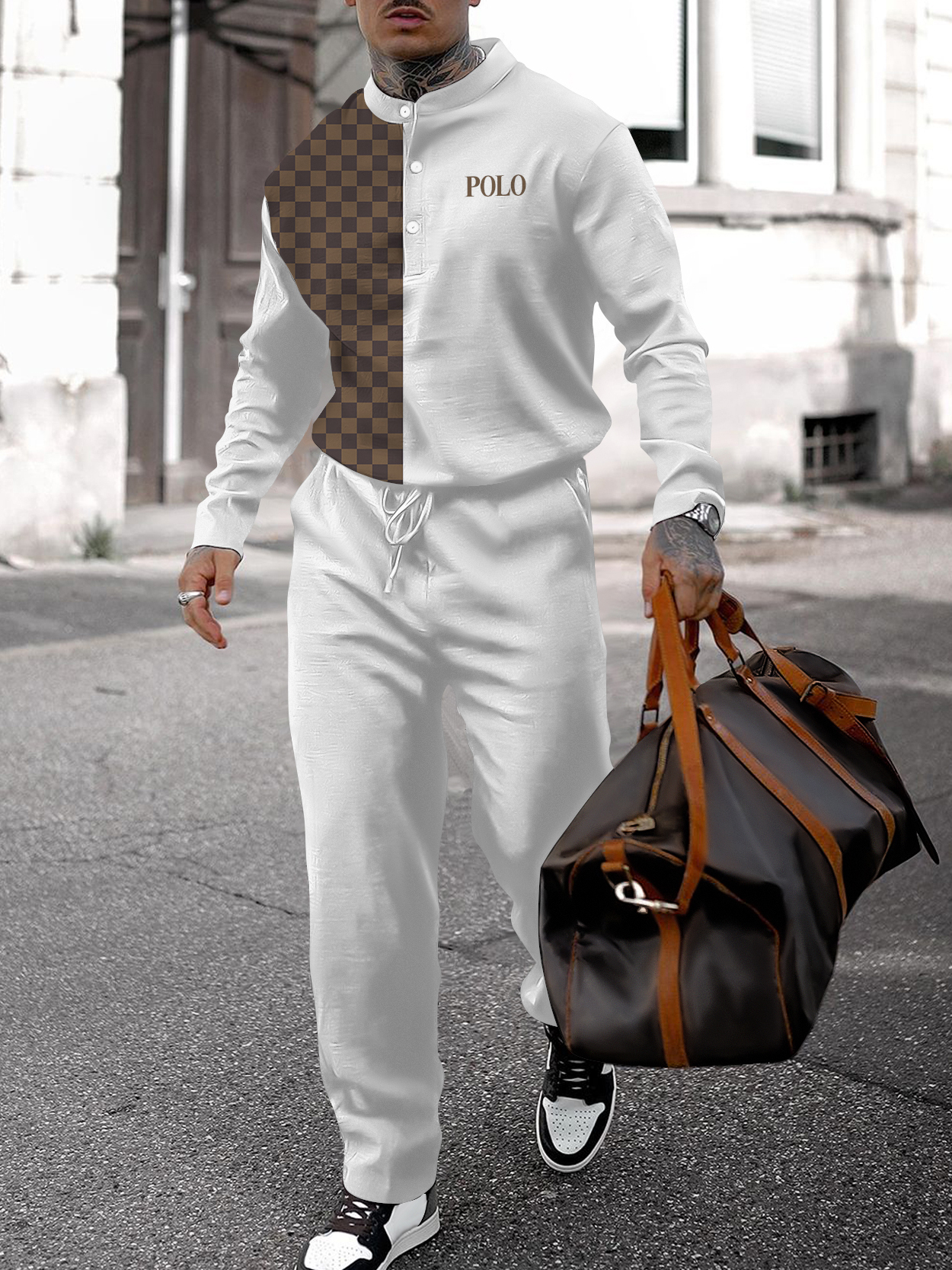 Men's fashion casual geometric print long sleeve two-piece set