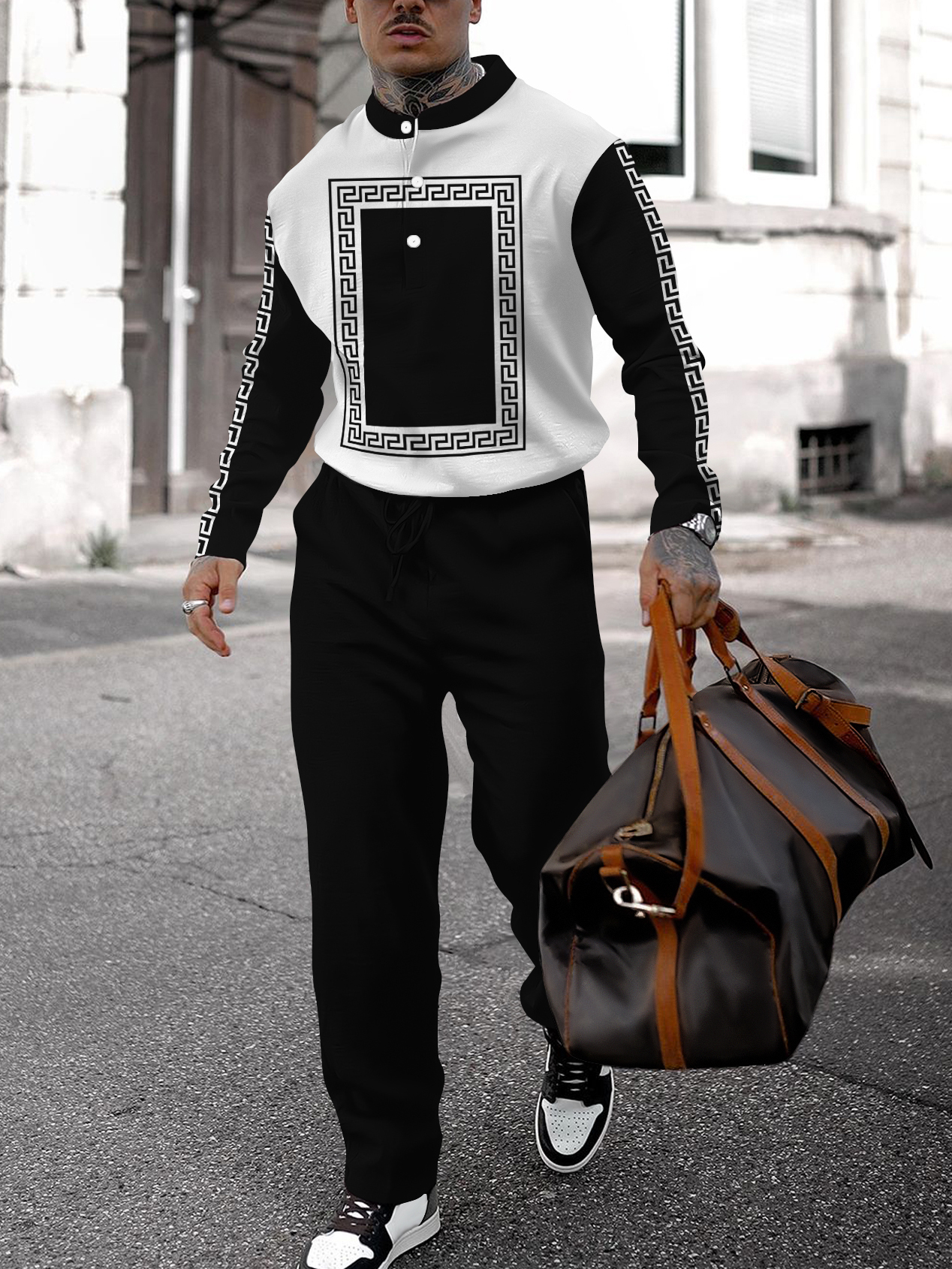 Men's fashion casual geometric print long sleeve two-piece set