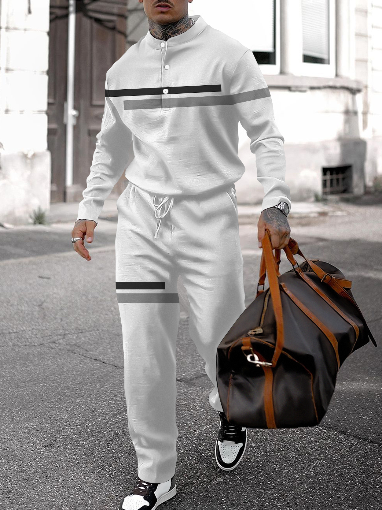 Men's fashion casual geometric print long sleeve two-piece set