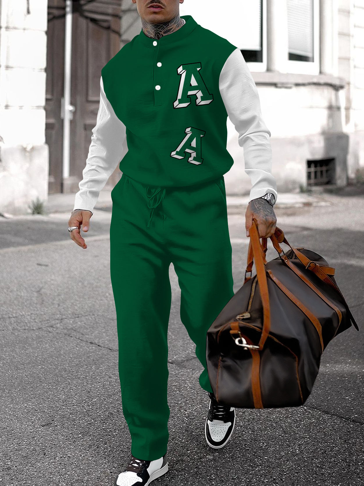 Men's fashion casual geometric print long sleeve two-piece set