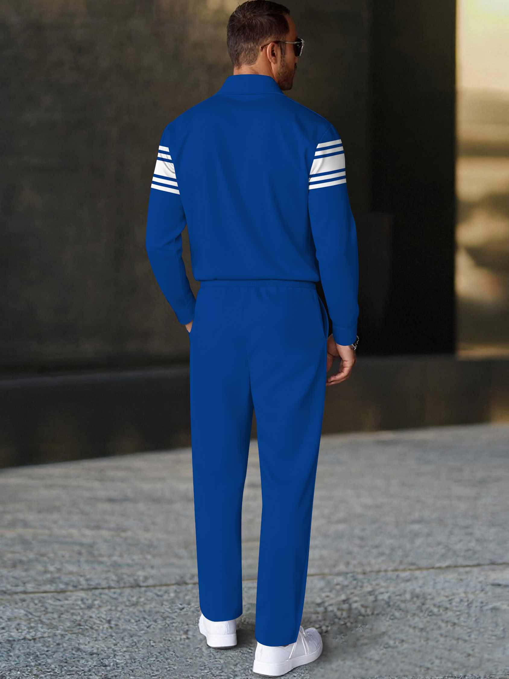 Men's fashion casual geometric print long sleeve zipper polo two-piece set