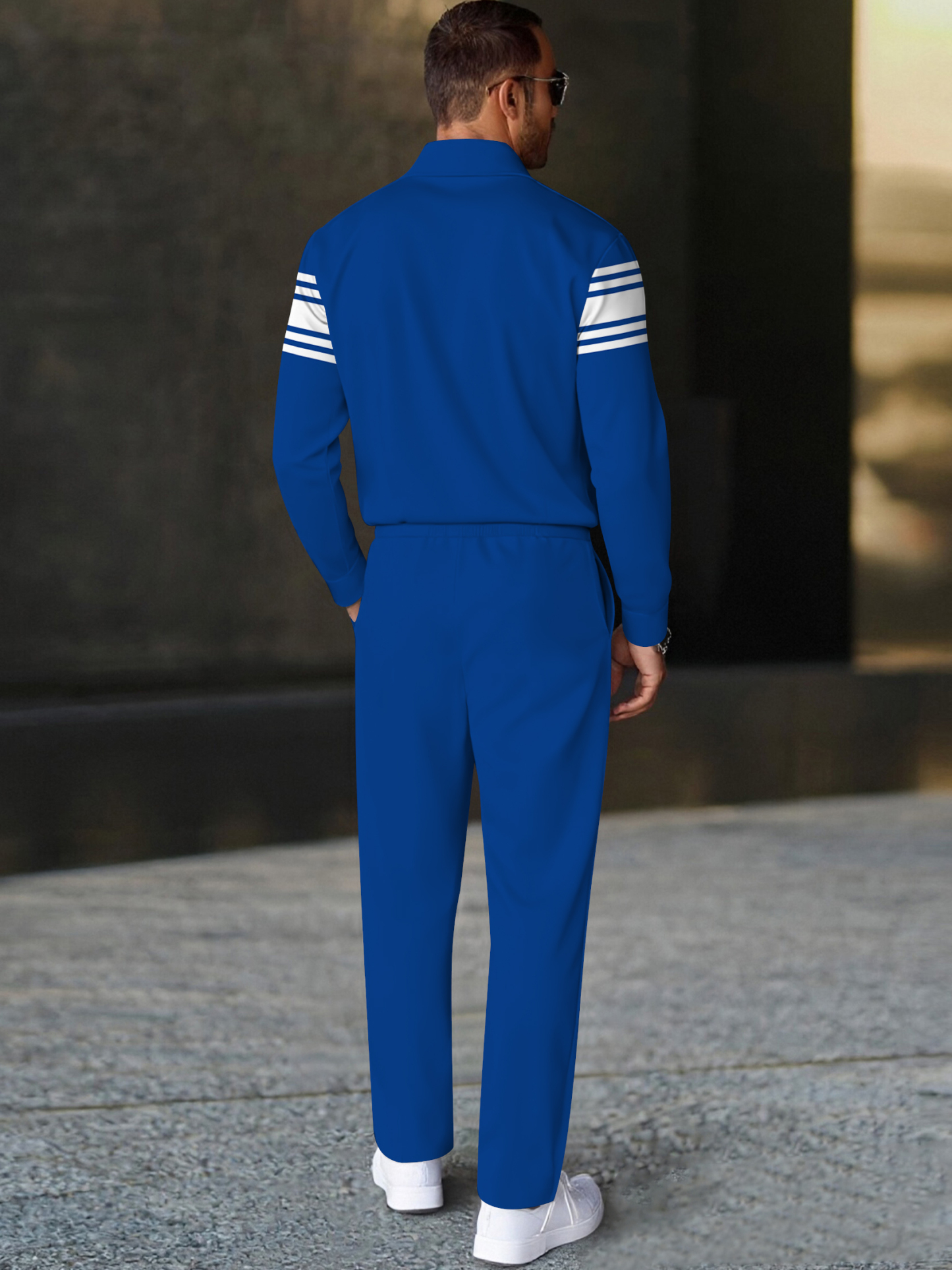 Men's fashion casual geometric print long sleeve zipper polo two-piece set