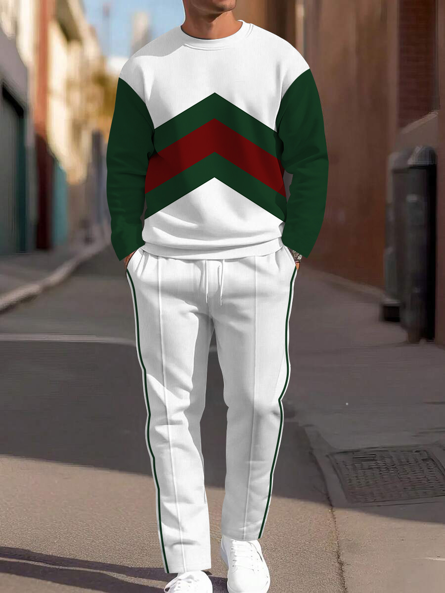 Men's fashion casual geometric printed hoodie two-piece set