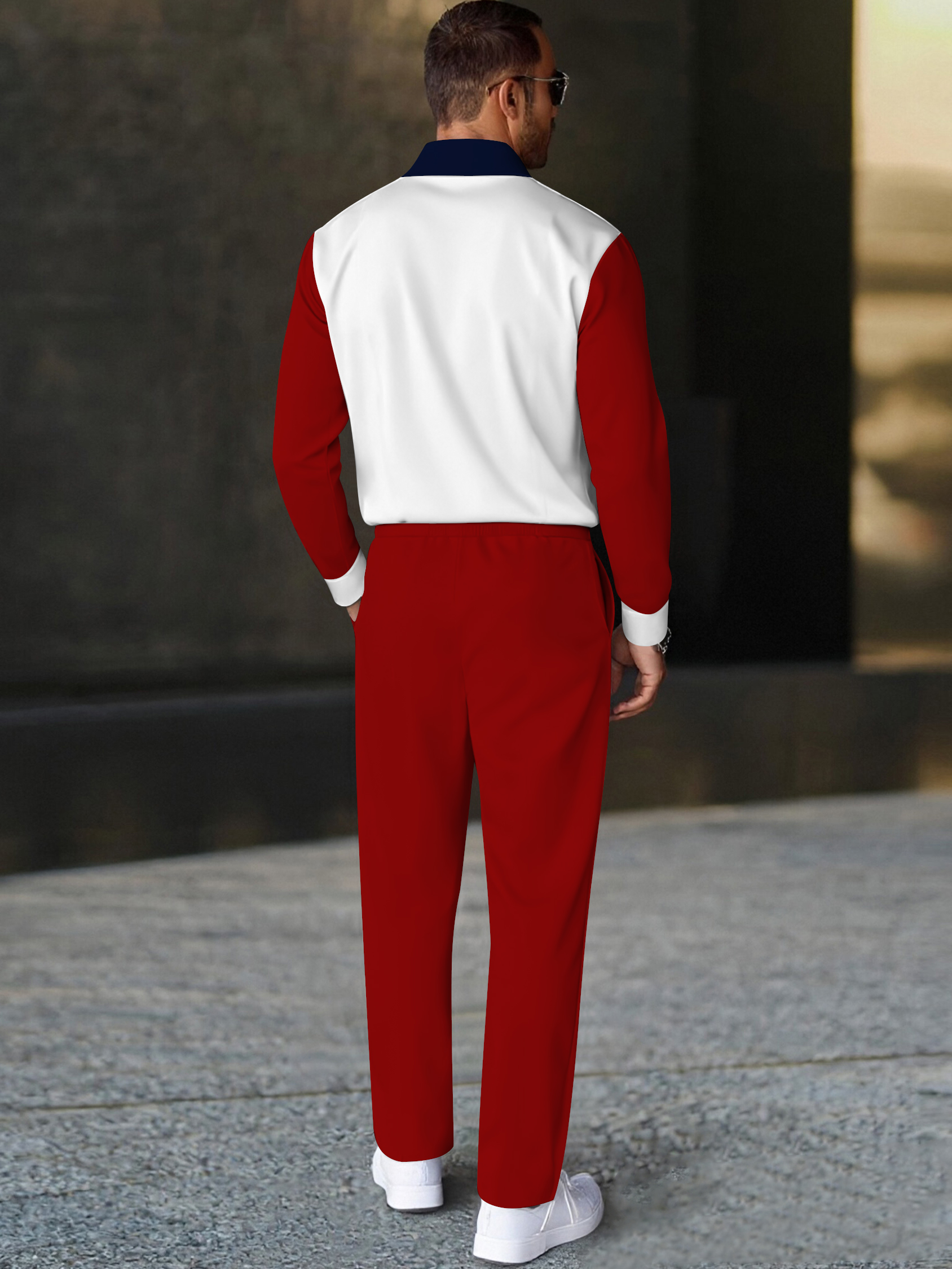 Men's fashion casual geometric print long sleeve zipper polo two-piece set