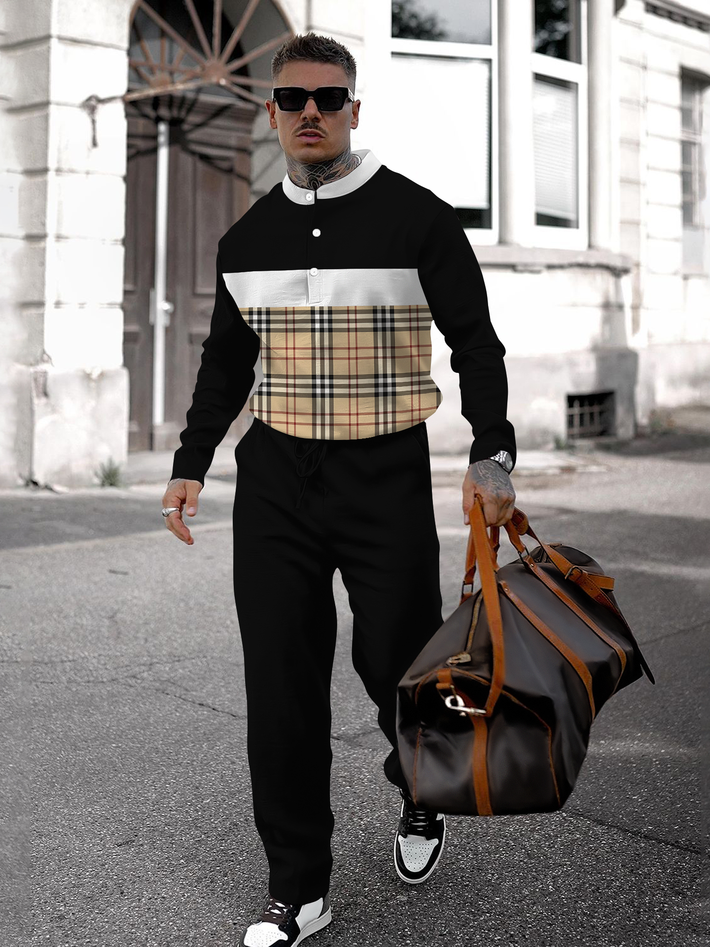 Men's fashion casual geometric print long sleeve two-piece set