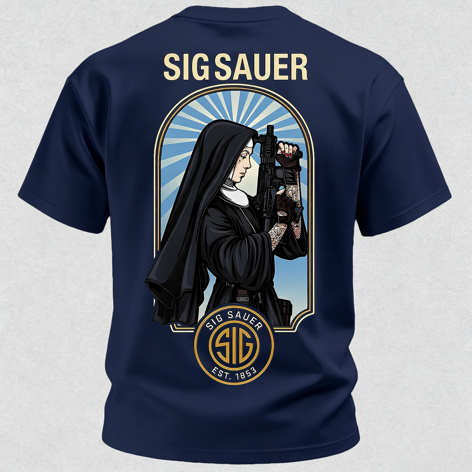 Precision Tactical Arch Window Nun with Rifle Since 1853 Vintage Illustration Cotton Print Men's T-Shirt