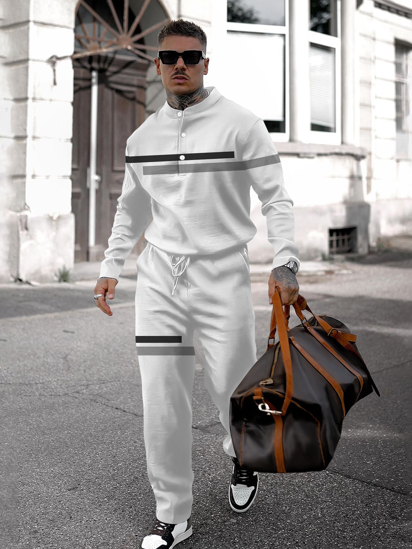 Men's fashion casual geometric print long sleeve two-piece set