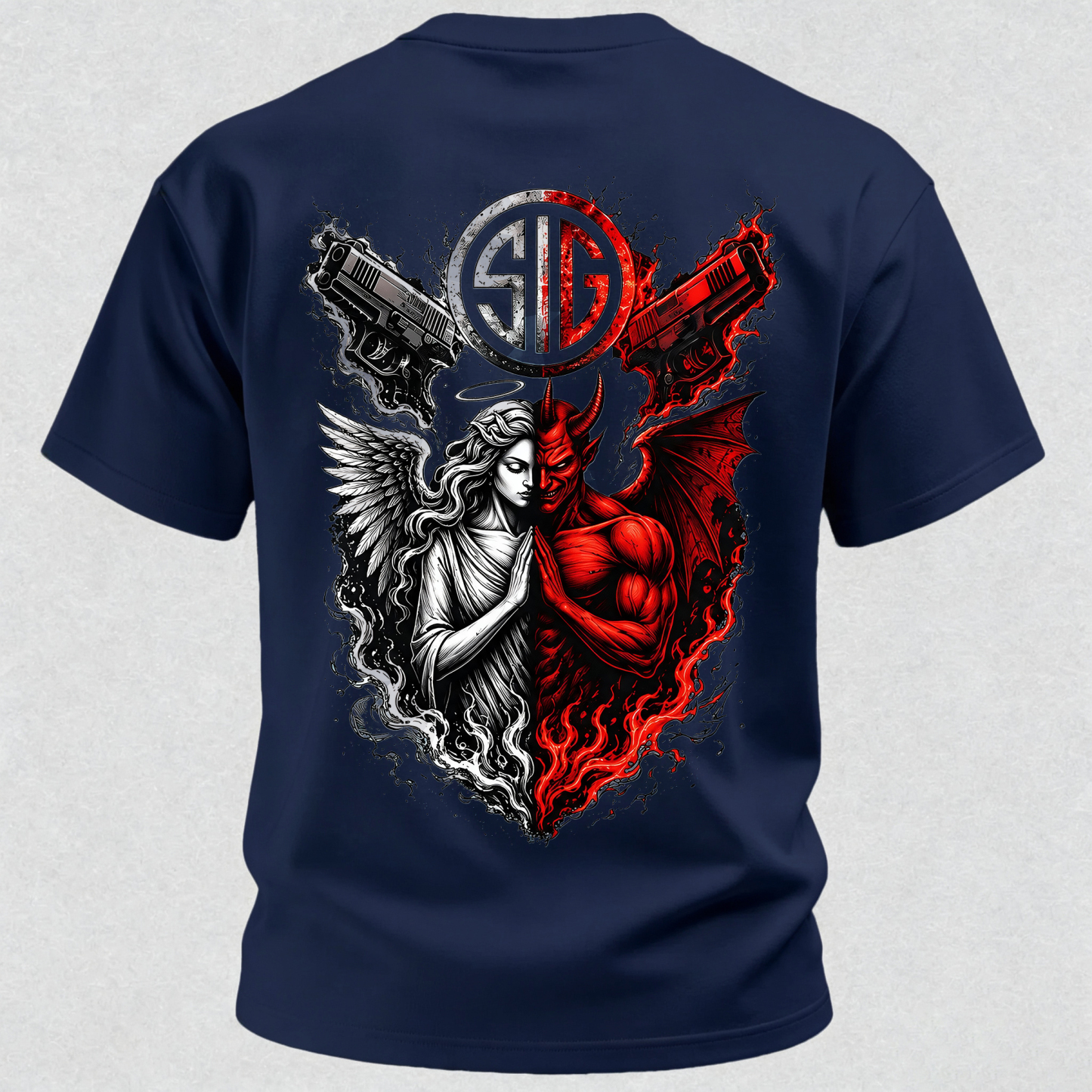 Angel and Demon Dual Pistols Men's Cotton Graphic T-Shirt Tactical Heaven and Hell Combat
