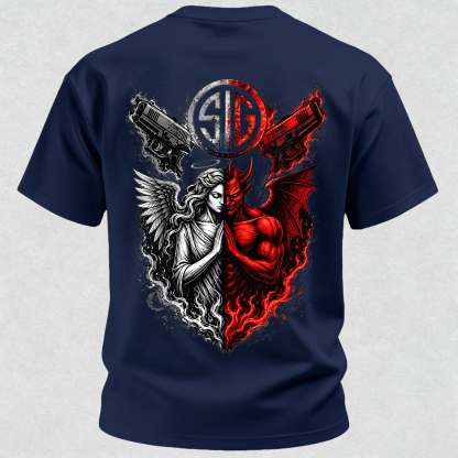 Angel and Demon Dual Pistols Men's Cotton Graphic T-Shirt Tactical Heaven and Hell Combat