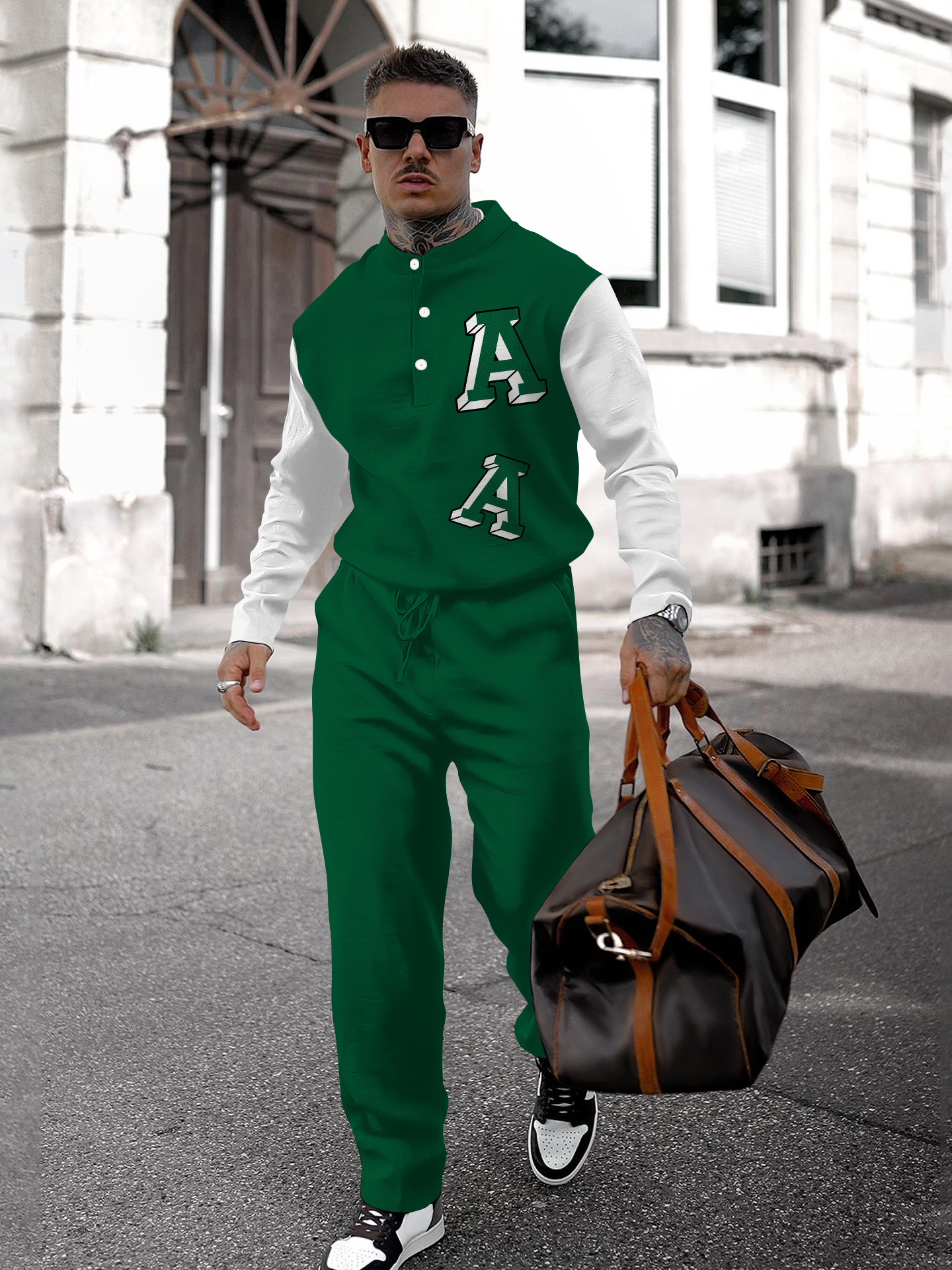 Men's fashion casual geometric print long sleeve two-piece set