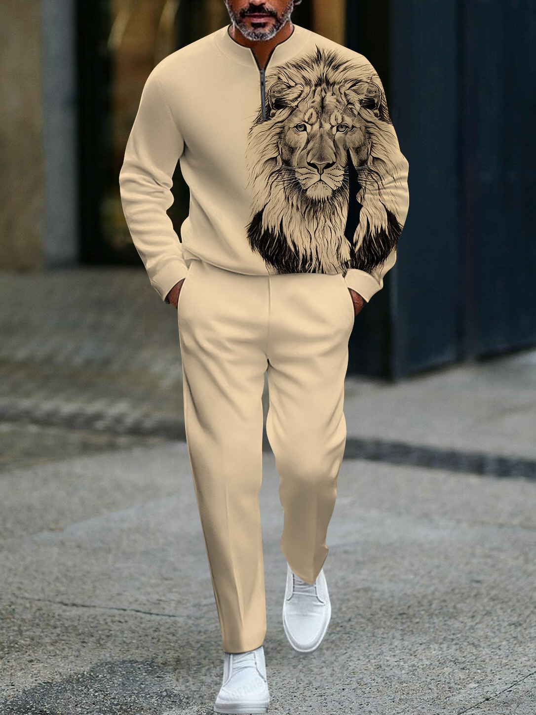 Men's fashion casual geometric print long sleeve zipper two-piece set