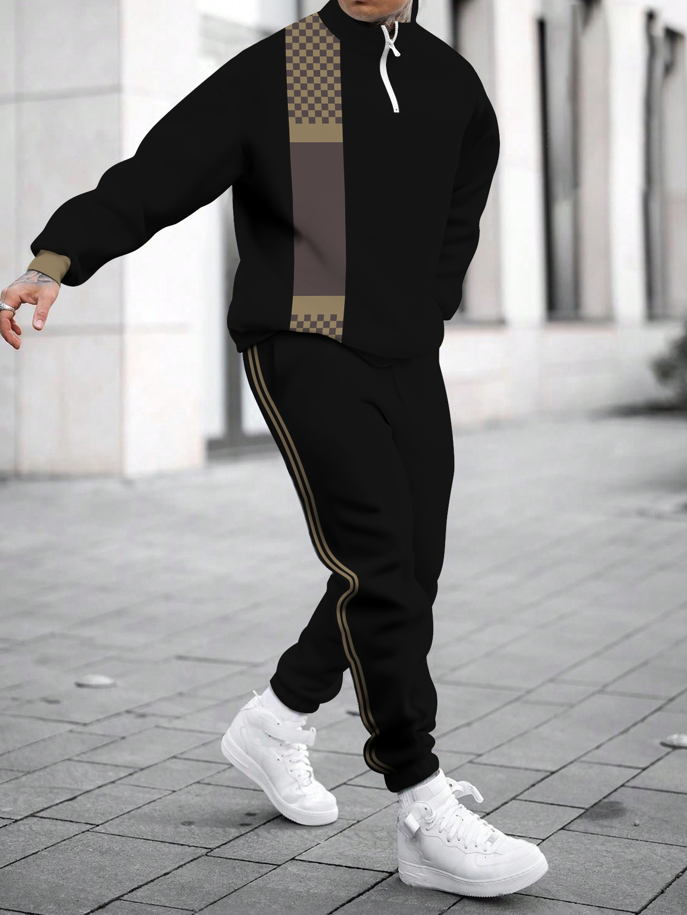 Men's fashion casual color match print long sleeve two piece set