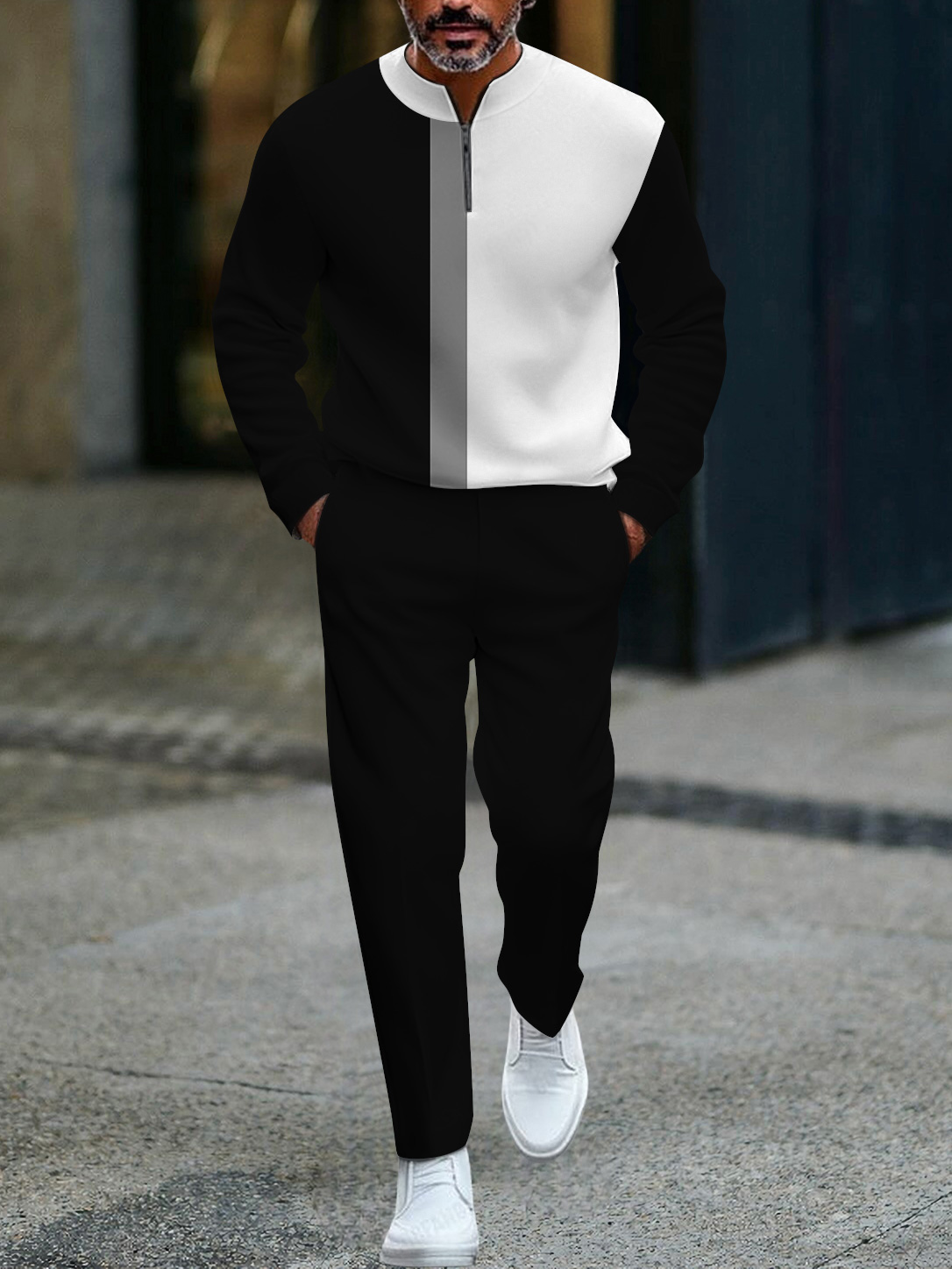 Men's fashion casual geometric print long sleeve zipper two-piece set