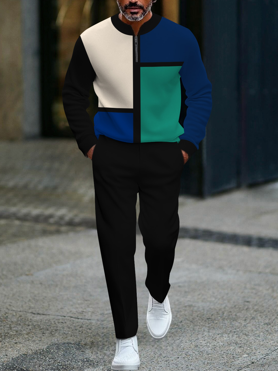 Men's fashion casual geometric print long sleeve zipper two-piece set