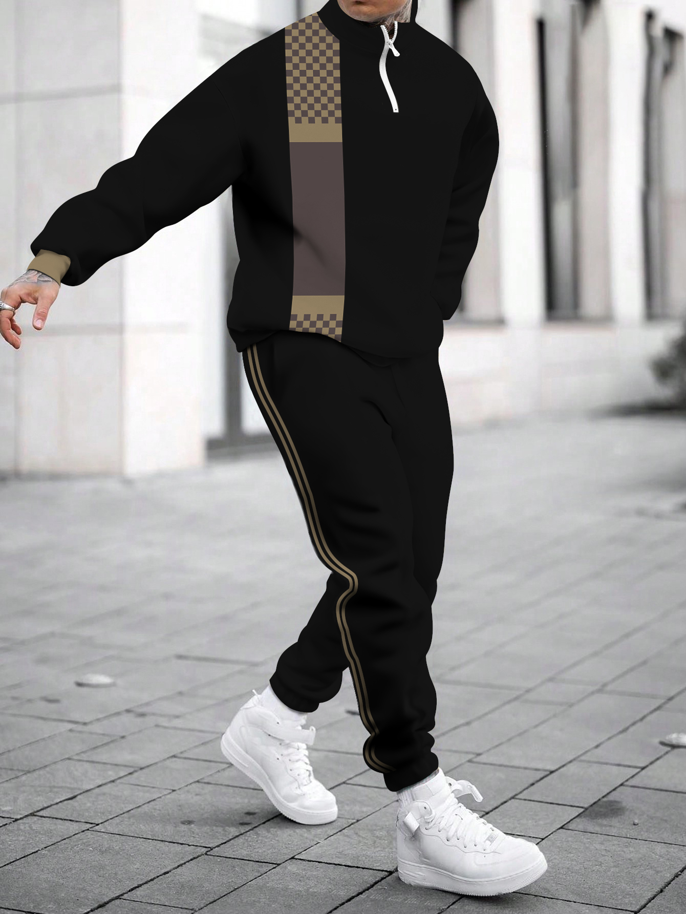 Men's fashion casual color match print long sleeve two piece set