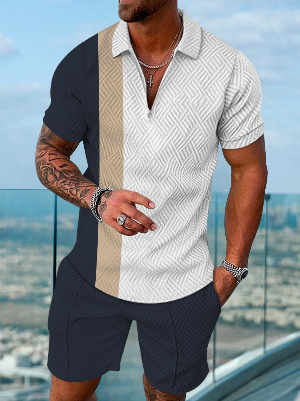 Men's fashion casual color matching printed polo two-piece set