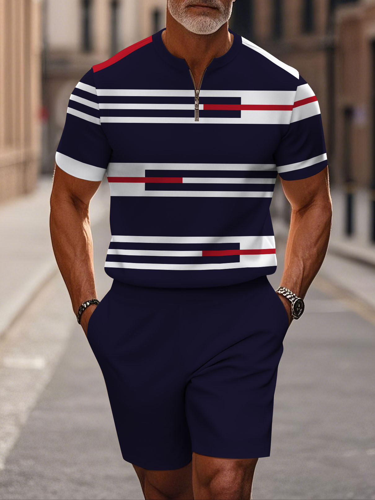 Men's fashion casual round-neck zipper geometric printed short-sleeved two-piece set