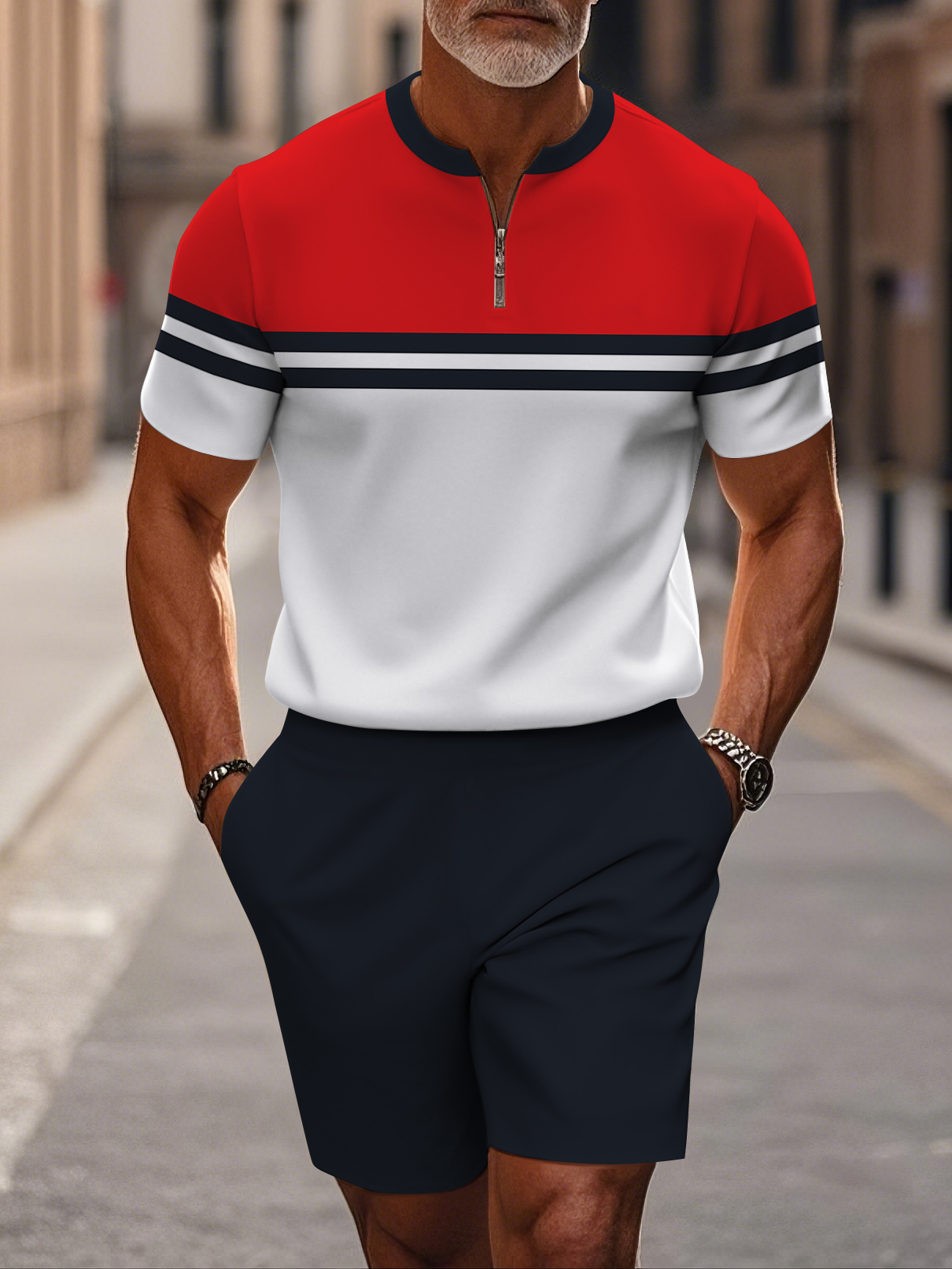 Men's fashion casual round-neck zipper geometric printed short-sleeved two-piece set